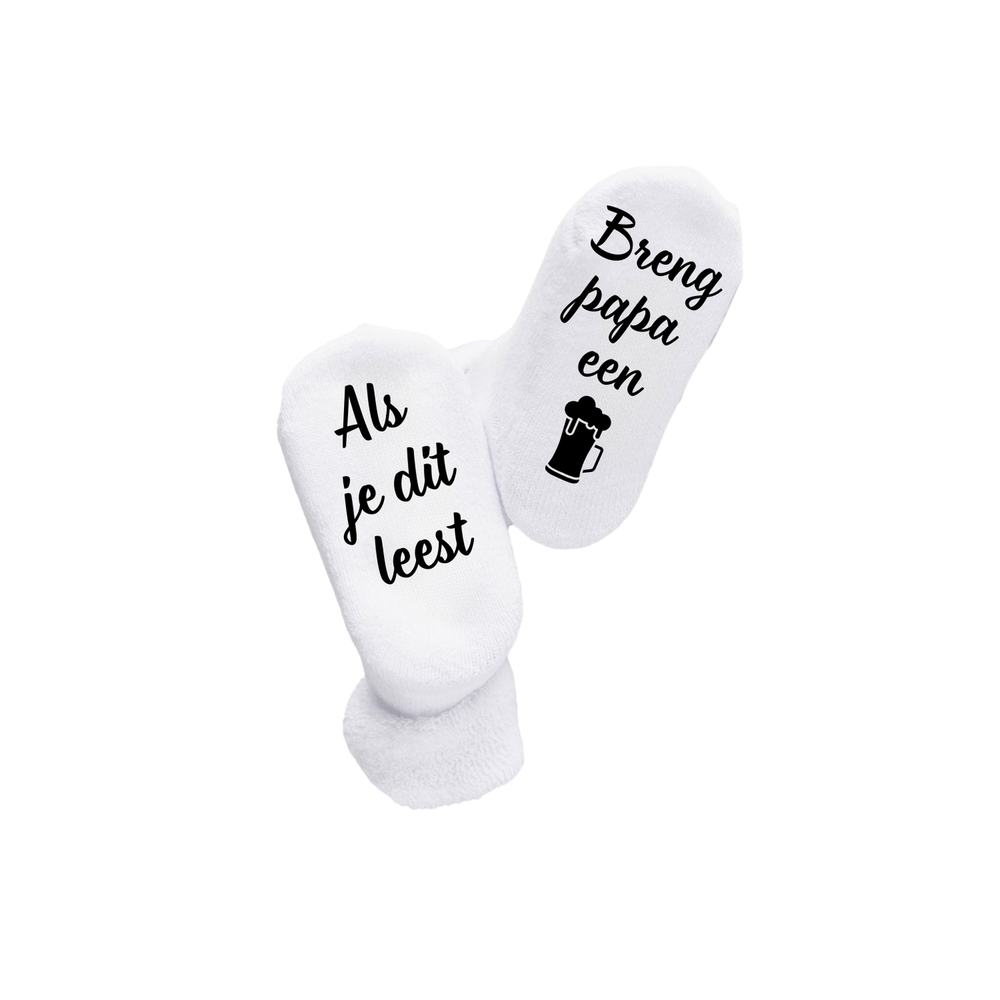 “Witte babysokken met ludieke quote "Als je dit leest / Breng papa bier" – Handmade by J collectie” origineel Kraamcadeau