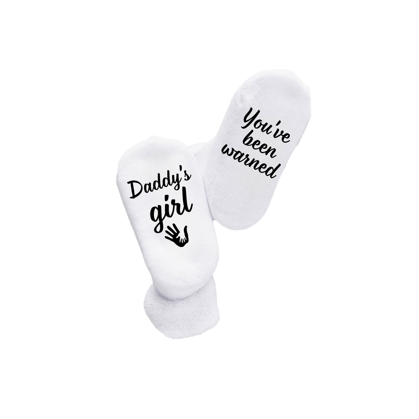 “Witte babysokken met ludieke quote "Daddy's girl / You've been warned" – Handmade by J collectie” origineel Kraamcadeau