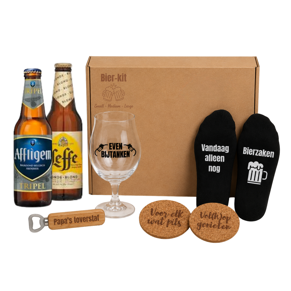 Bierkit Large met bierglas, sokken, opener en viltjes met 2 biertjes