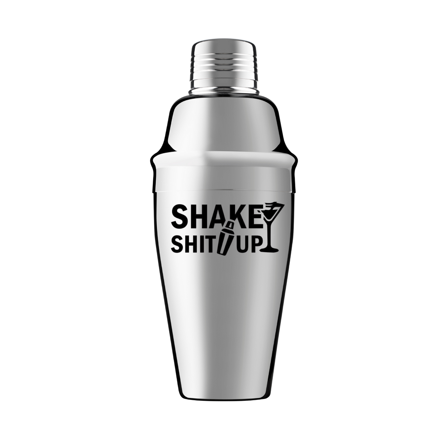 Zilveren coctailshaker met grappige tekst "Shake shit up" Handmade by J.