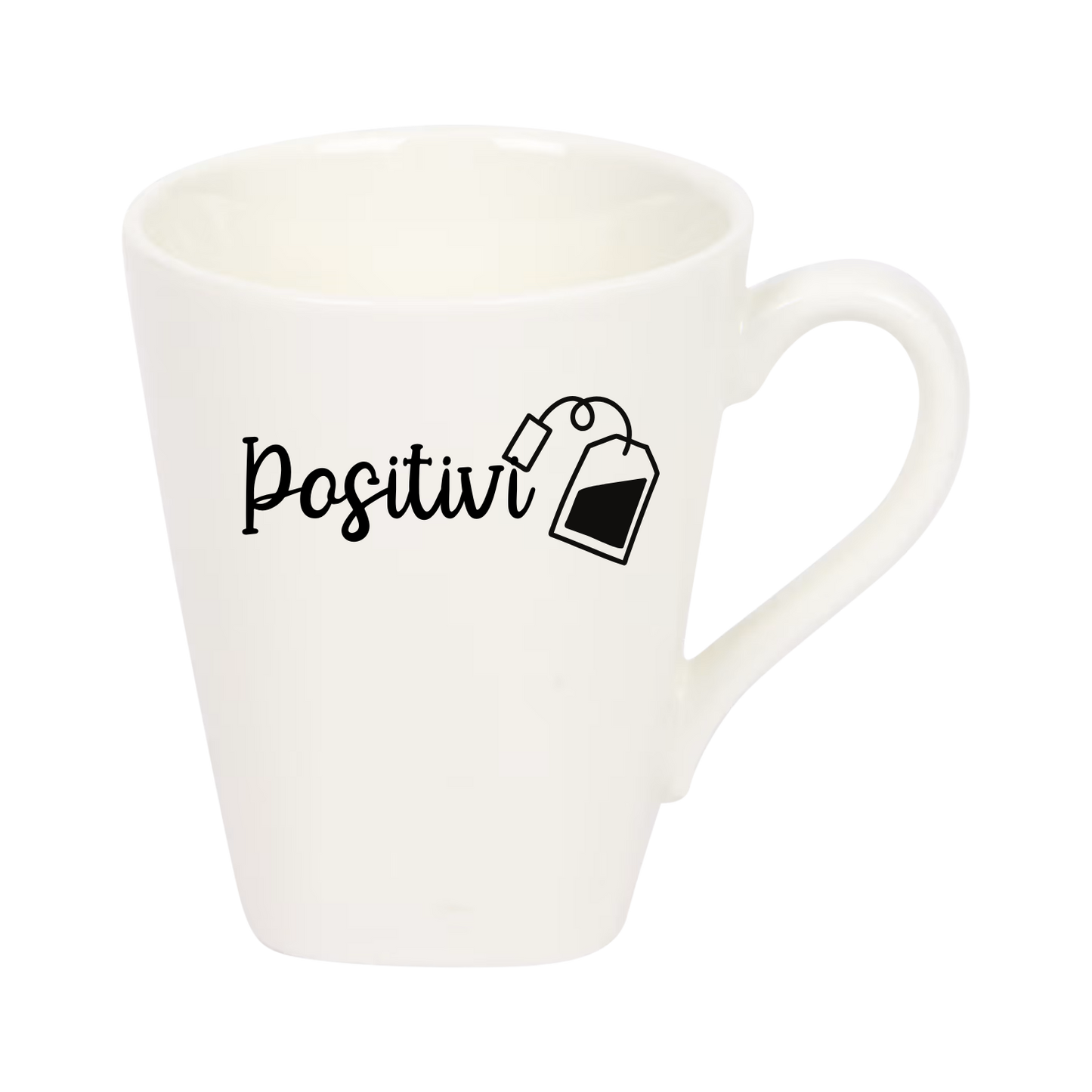 “Witte theemok met grappige tekst ‘Positivi-tea’ – Handmade by J”