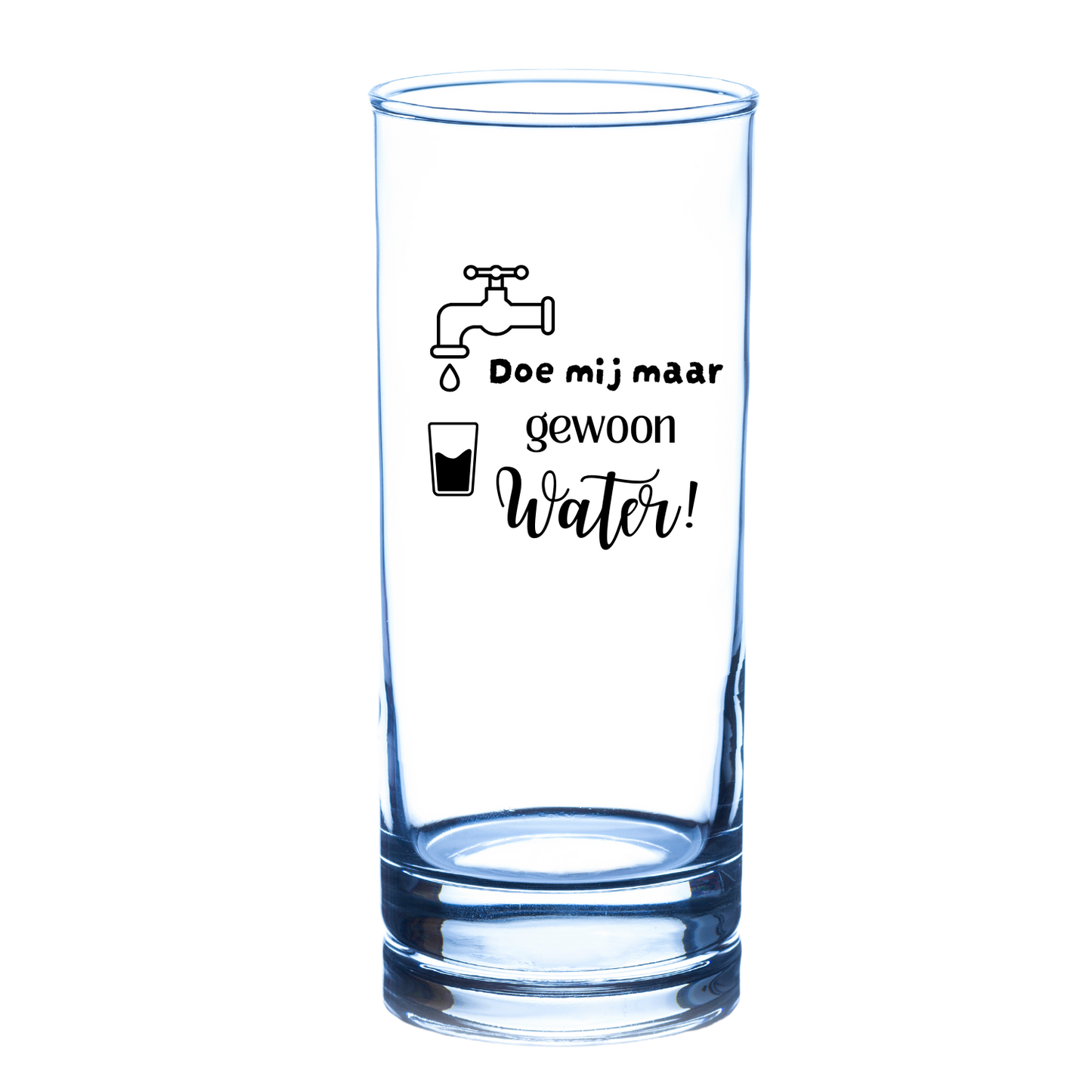 “Longdrinkglas met quote ‘Doe mij maar gewoon water’ – humorvol cadeau”