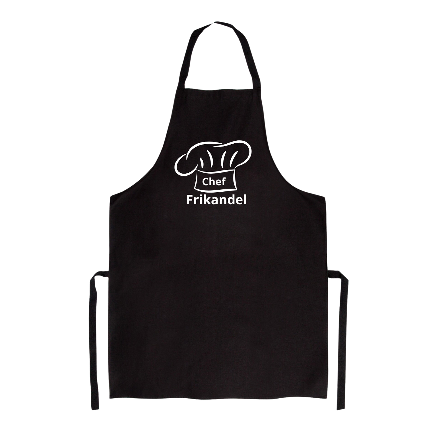 “Luxe keukenschort gepersonaliseerd – cadeau met knipoog” Tekst "Chef Frikandel"