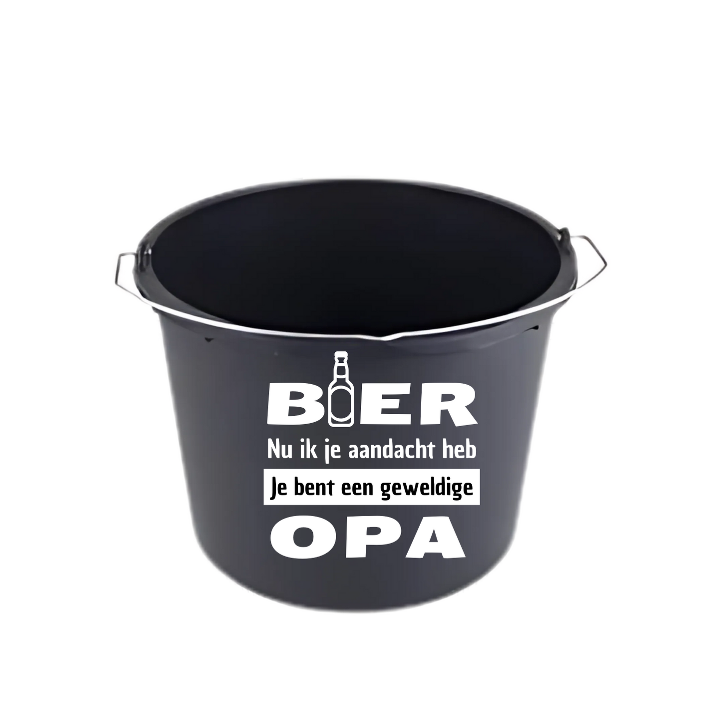 “Partybucket met tekst ‘Bier nu ik je aandacht heb, je bent een geweldige opa’ – Handmade by J”