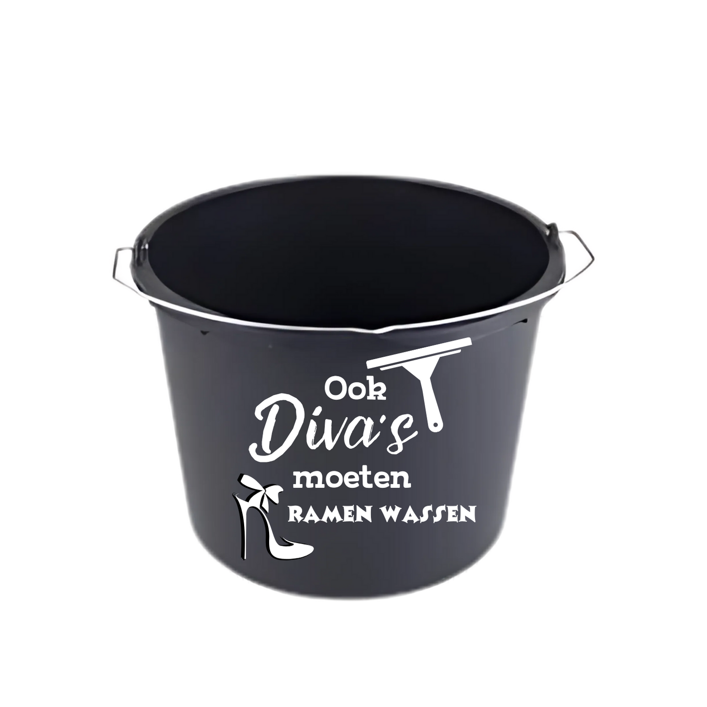 “Zwarte emmer met quote "Ook diva's moeten ramen wassen" – feestaccessoire” verjaardagscadeau