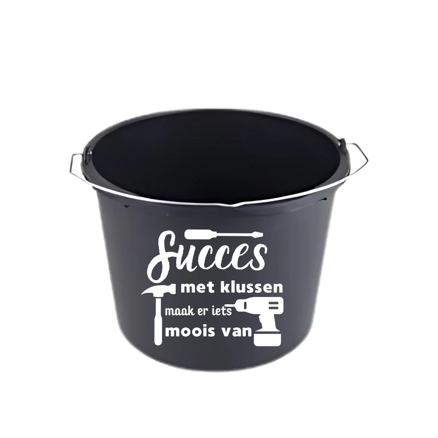 “Partybucket emmer met tekst ‘Succes met klussen maak er wat moois van’ – Handmade by J”