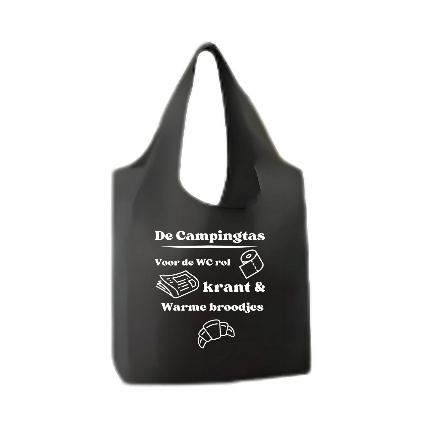 “Opvouwbare shopper met humoristische tekst "De campingtas" – Handmade by J”