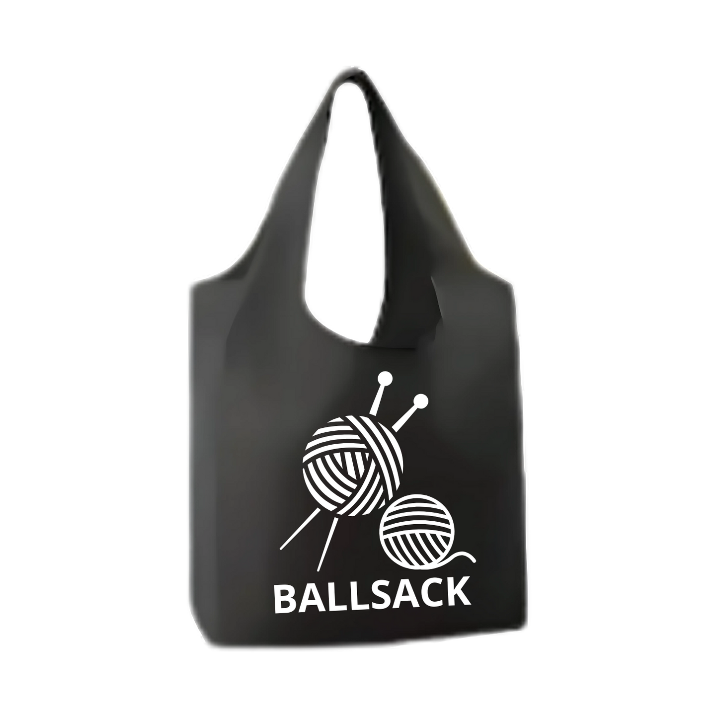 “Opvouwbare shopper met humoristische tekst "Ballsack"– Handmade by J” bolletjes wol