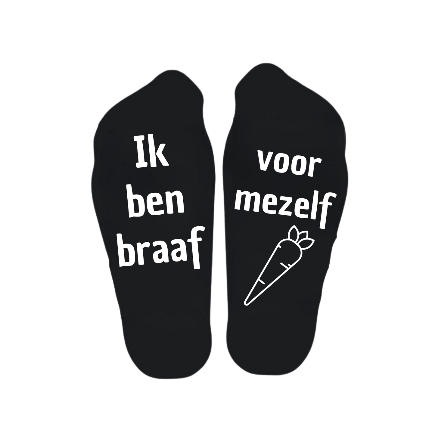 “Sokken met grappige tekst verdeeld over linker en rechter sok met de tekst "Ik ben braaf / voor mezelf" – Handmade by J” Sinterklaaskado