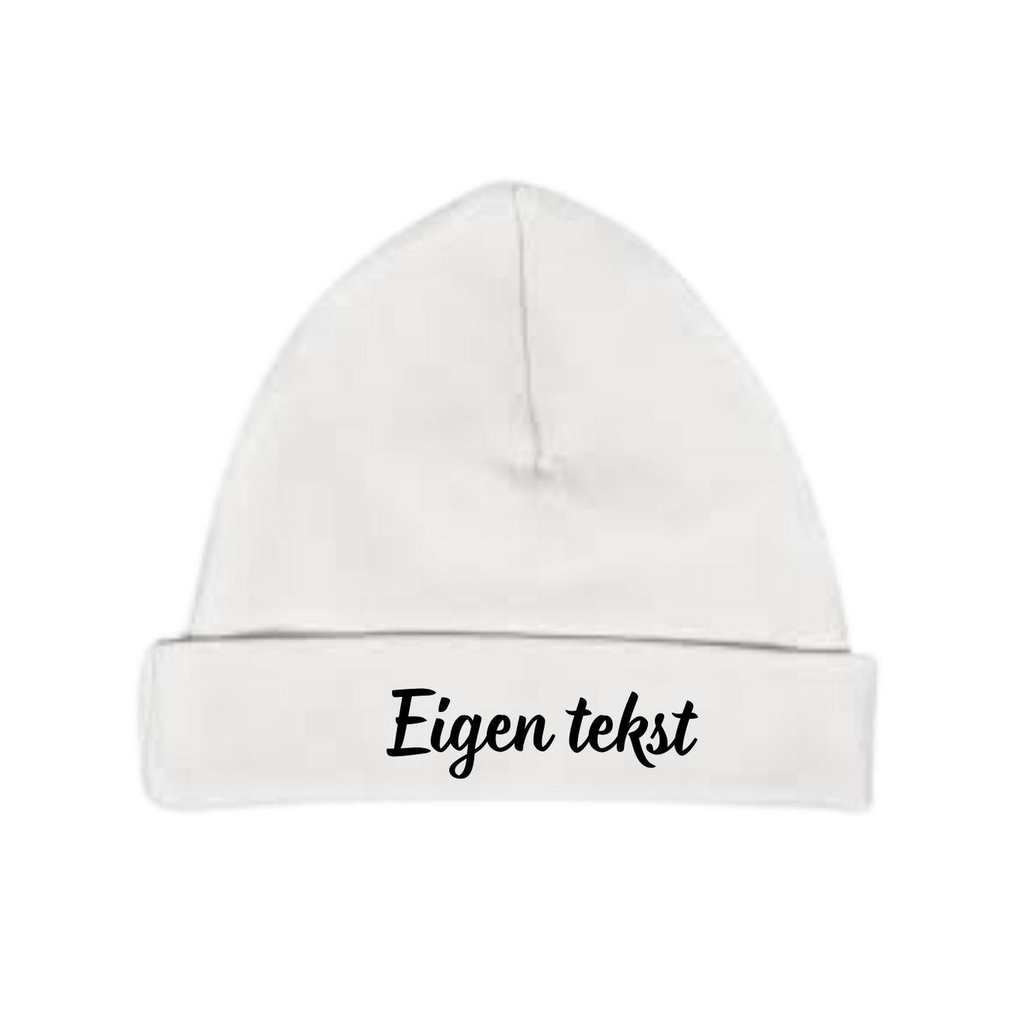 “Wit babymutsje met je eigen tekst of naam’ – Handmade by J" Leuk origineel kraamcadeau personaliseren