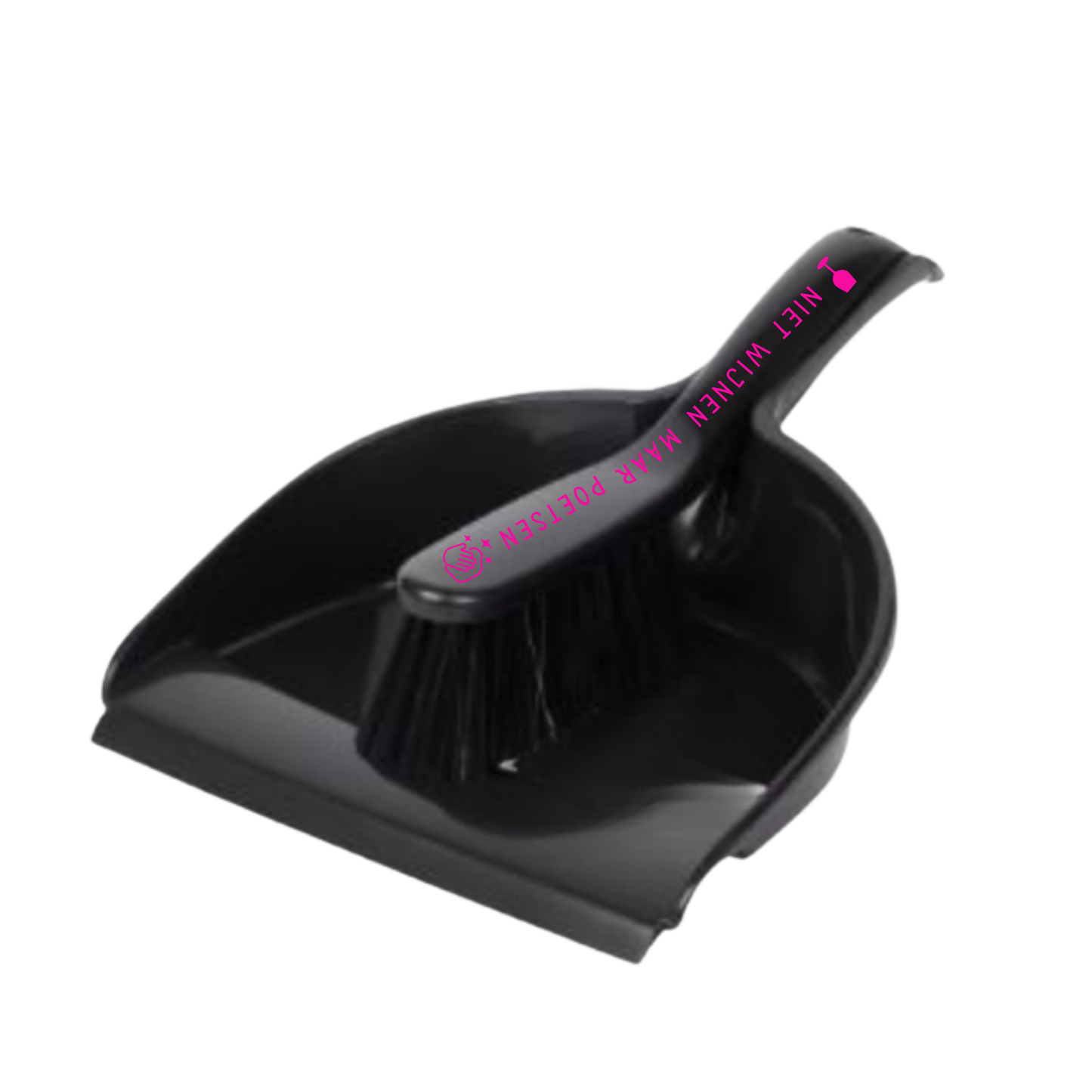 “Zwart Veger en blik met quote ‘Niet wijnen maar poetsen’ – grappig cadeau” nieuwe woning