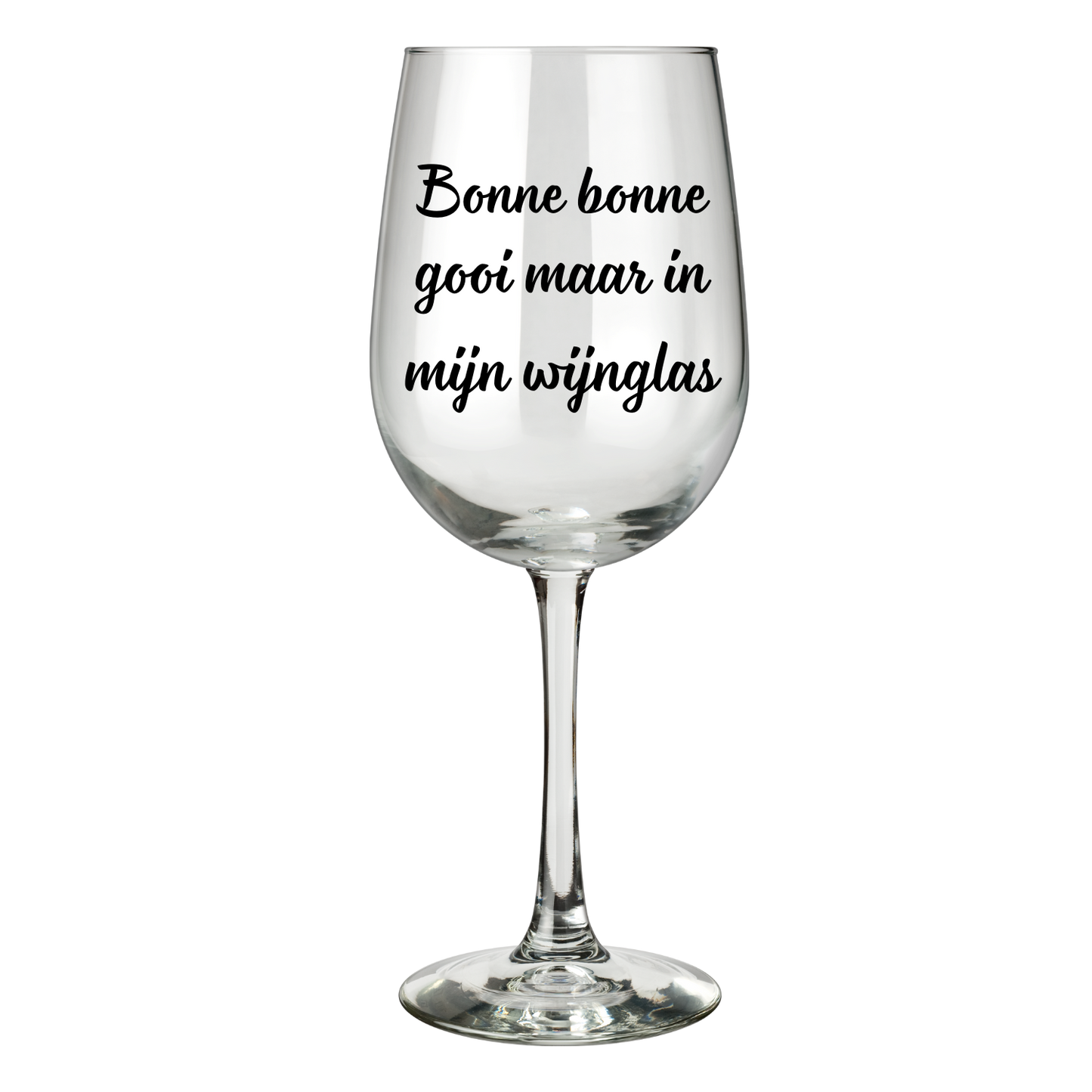 “Wijnglas met tekst ‘Bonne bonne gooi maar in mijn wijnglas’ – Handmade by J” Sinterklaas kado