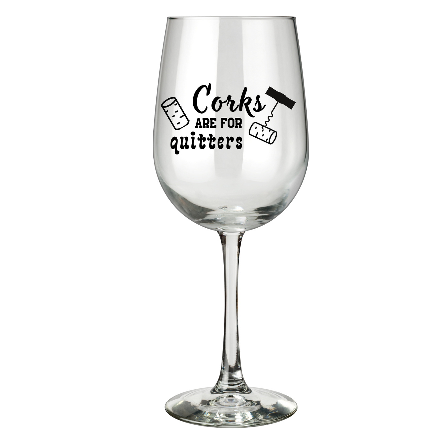 “Wijnglas met tekst ‘Corks are for quitters’ – Handmade by J” Origineel cadeau