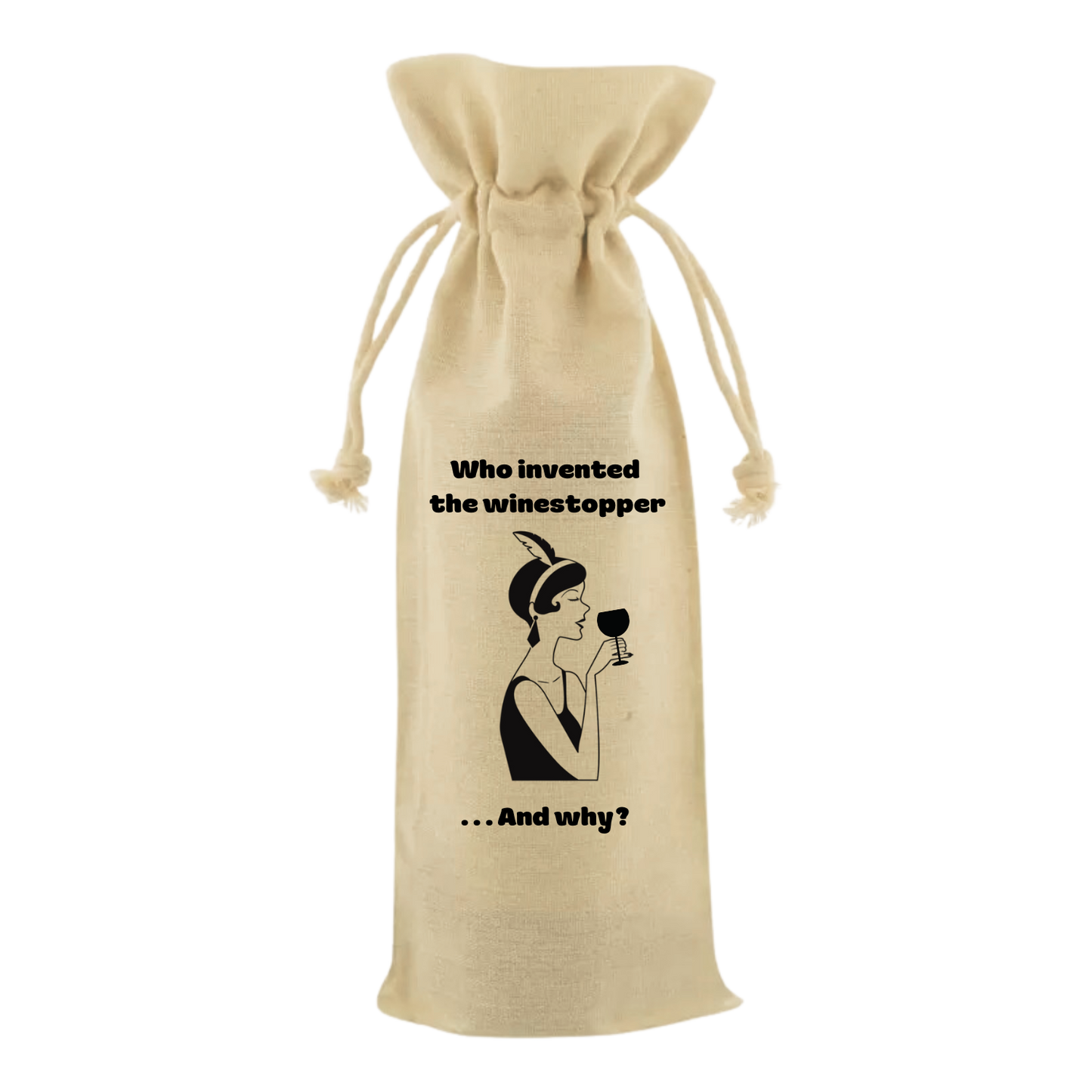 “Wijntas met tekst ‘Who invented the winestopper and why?’ – Handmade by J”