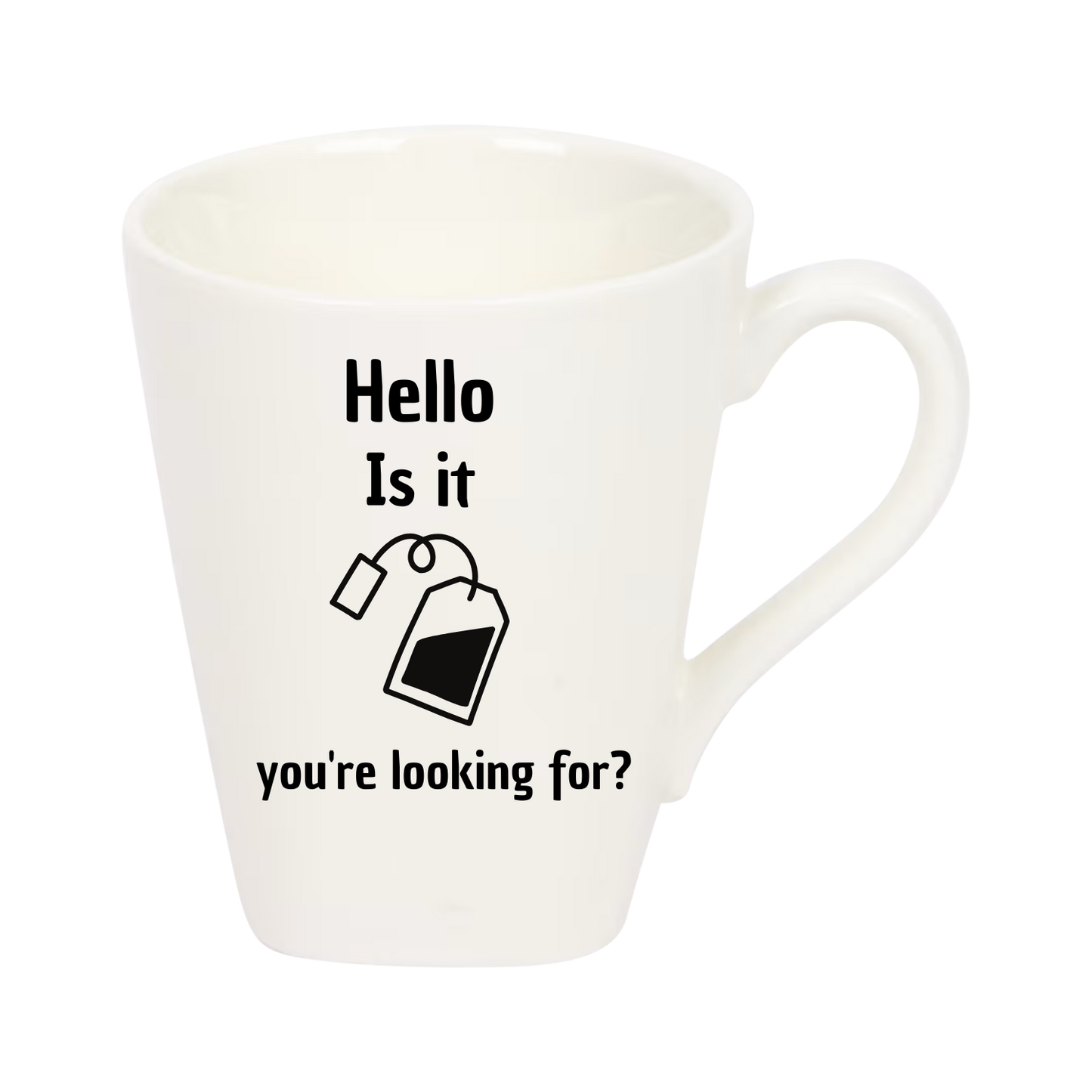 “Witte theemok met grappige tekst ‘Hello is it tea’ – Handmade by J”