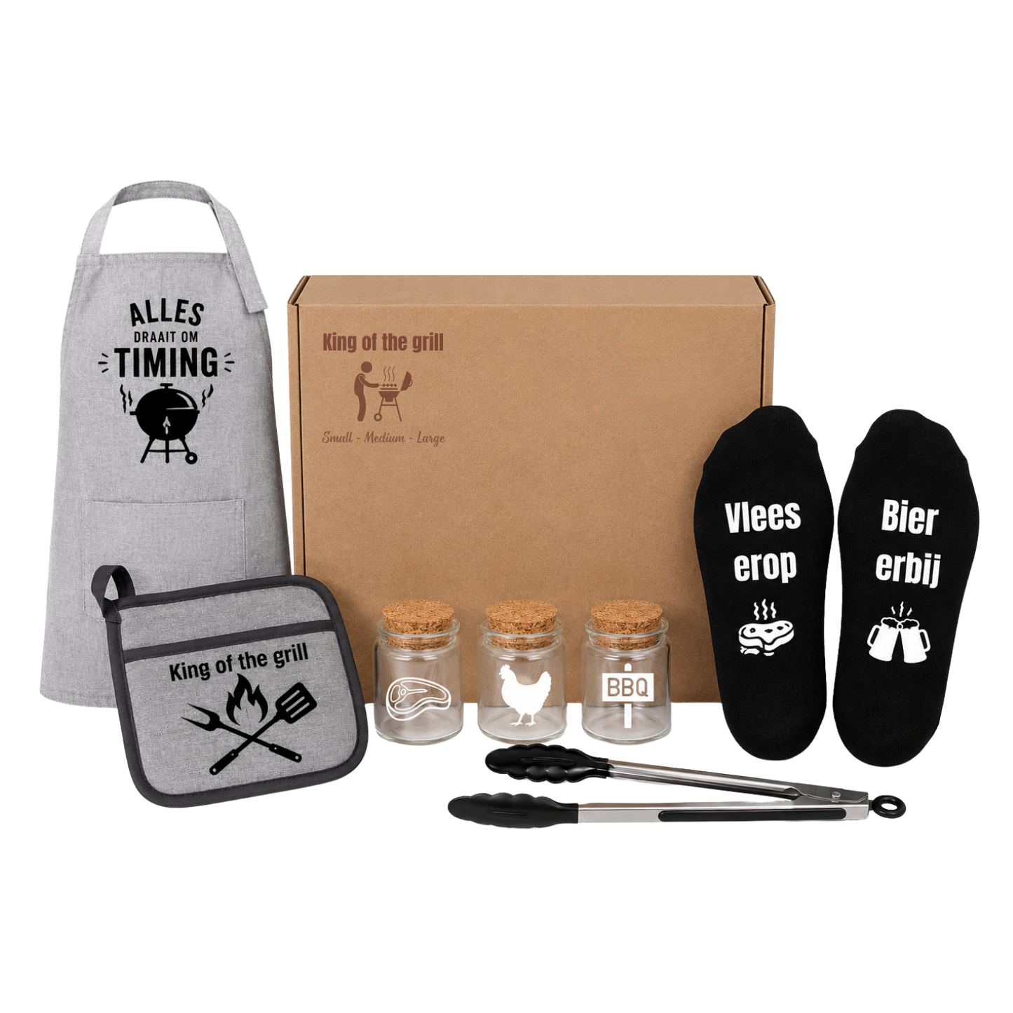 BBQ kit Large met kookschort, ovenwant, kruiden, sokken en bbq tang