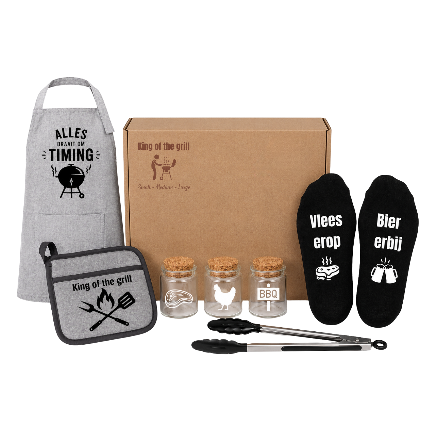 BBQ kit Large met kookschort, ovenwant, kruiden, sokken en bbq tang