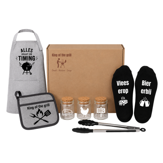 BBQ kit Large met kookschort, ovenwant, kruiden, sokken en bbq tang