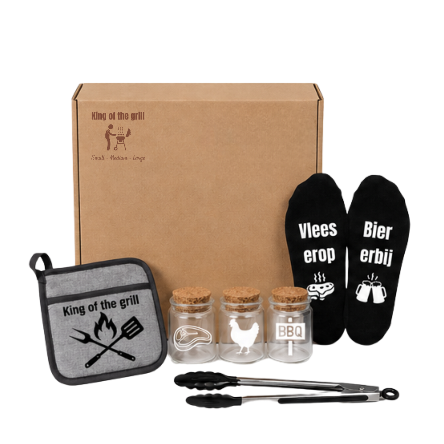 BBQ kit Medium met sokken, ovenwant, kruiden en bbq tang