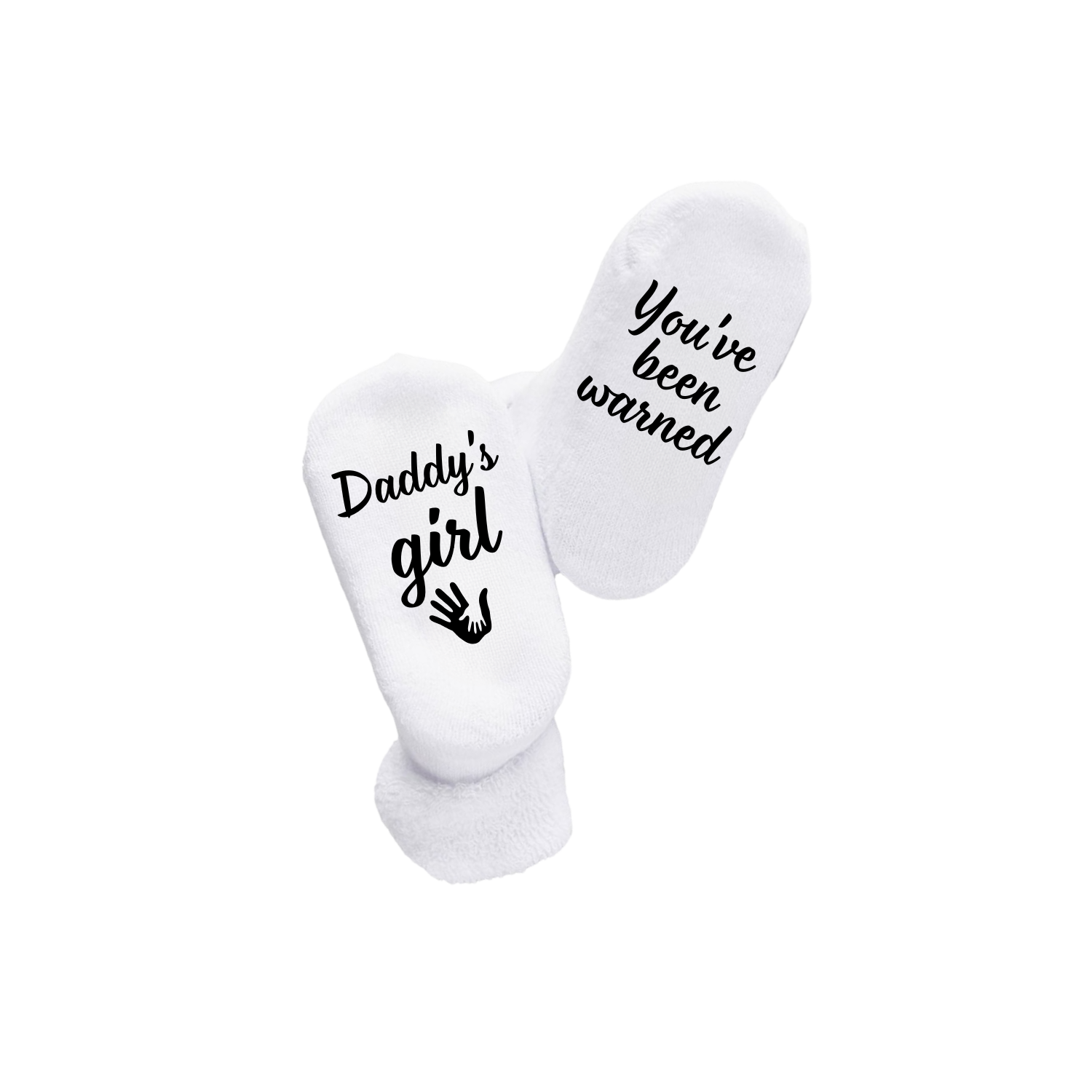 “Witte babysokken met ludieke quote "Daddy's girl / You've been warned" – Handmade by J collectie” origineel Kraamcadeau