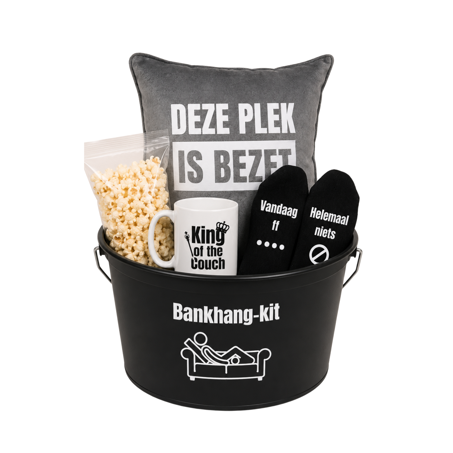 Bankhangkit Large emmer met producten zoals mok, sokken en kussen