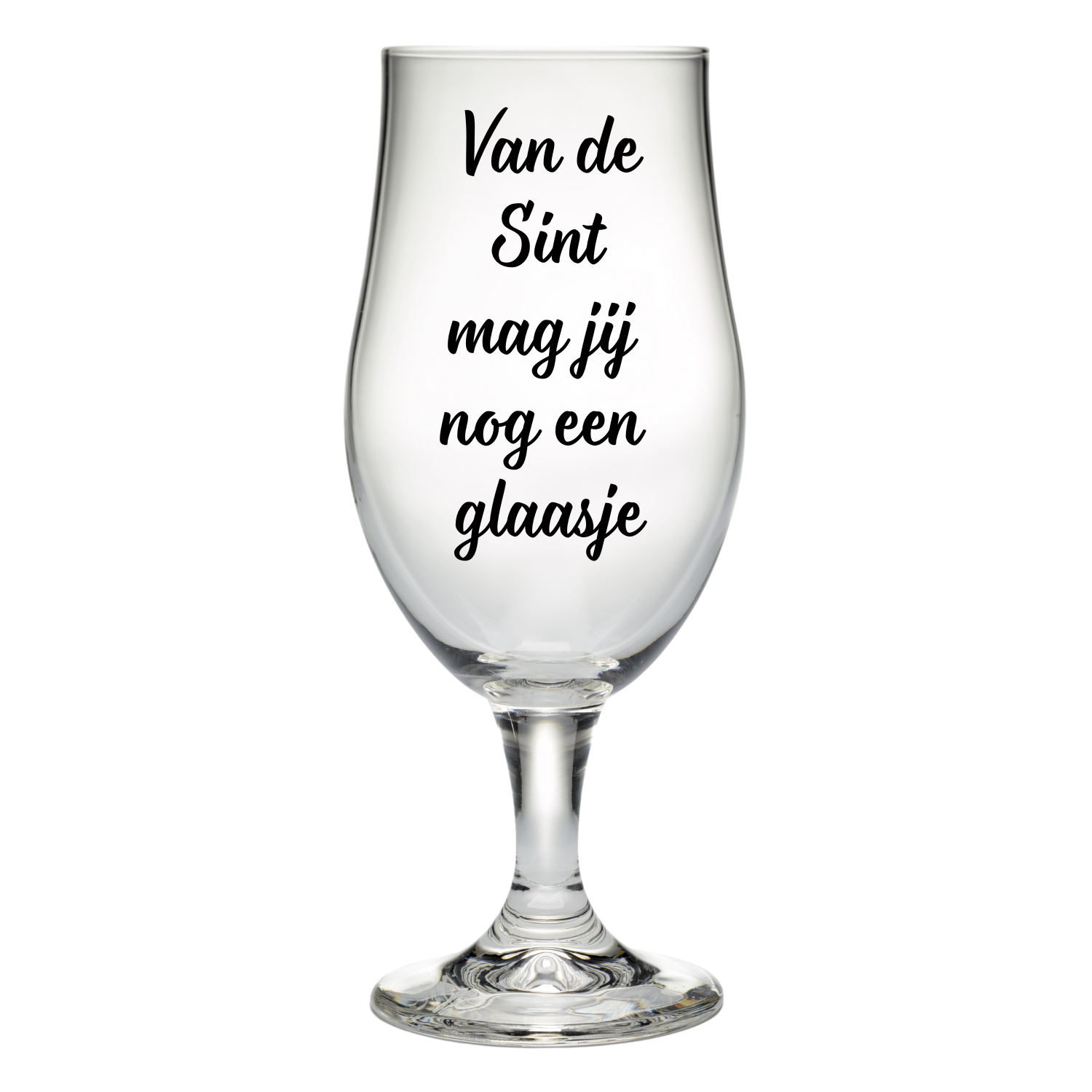 “Bierglas met tekst ‘Van de Sint mag jij nog een glaasje’ – Handmade by J” Origineel Sinterklaas cadeau