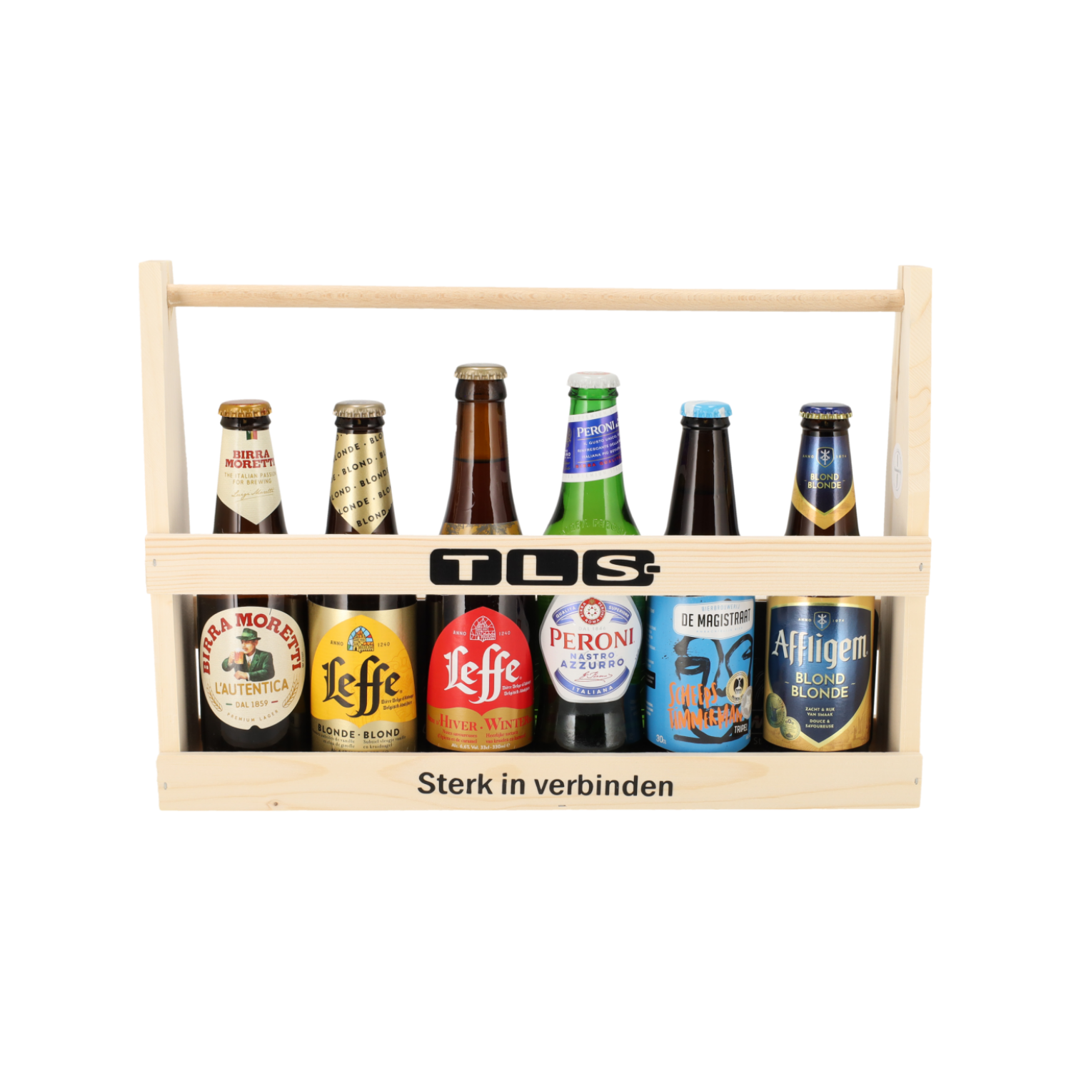 Houten bierkistjes met logo en slogan – custom relatiegeschenk gevuld met speciaalbier.