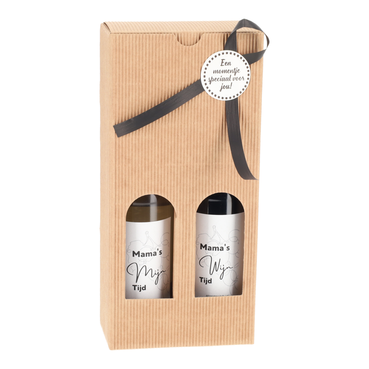 Cadeauverpakking twee flesjes wijn met grappig etiket