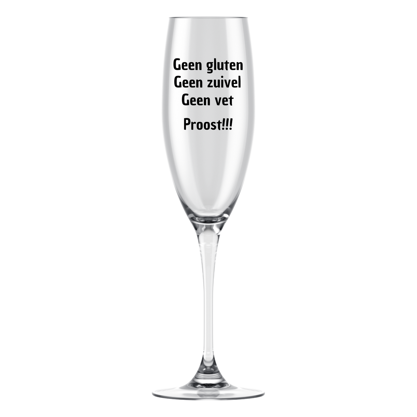 “Champagneglas met quote "Geen gluten, geen zuivel, geen vet, proost! – origineel en humoristisch cadeau”