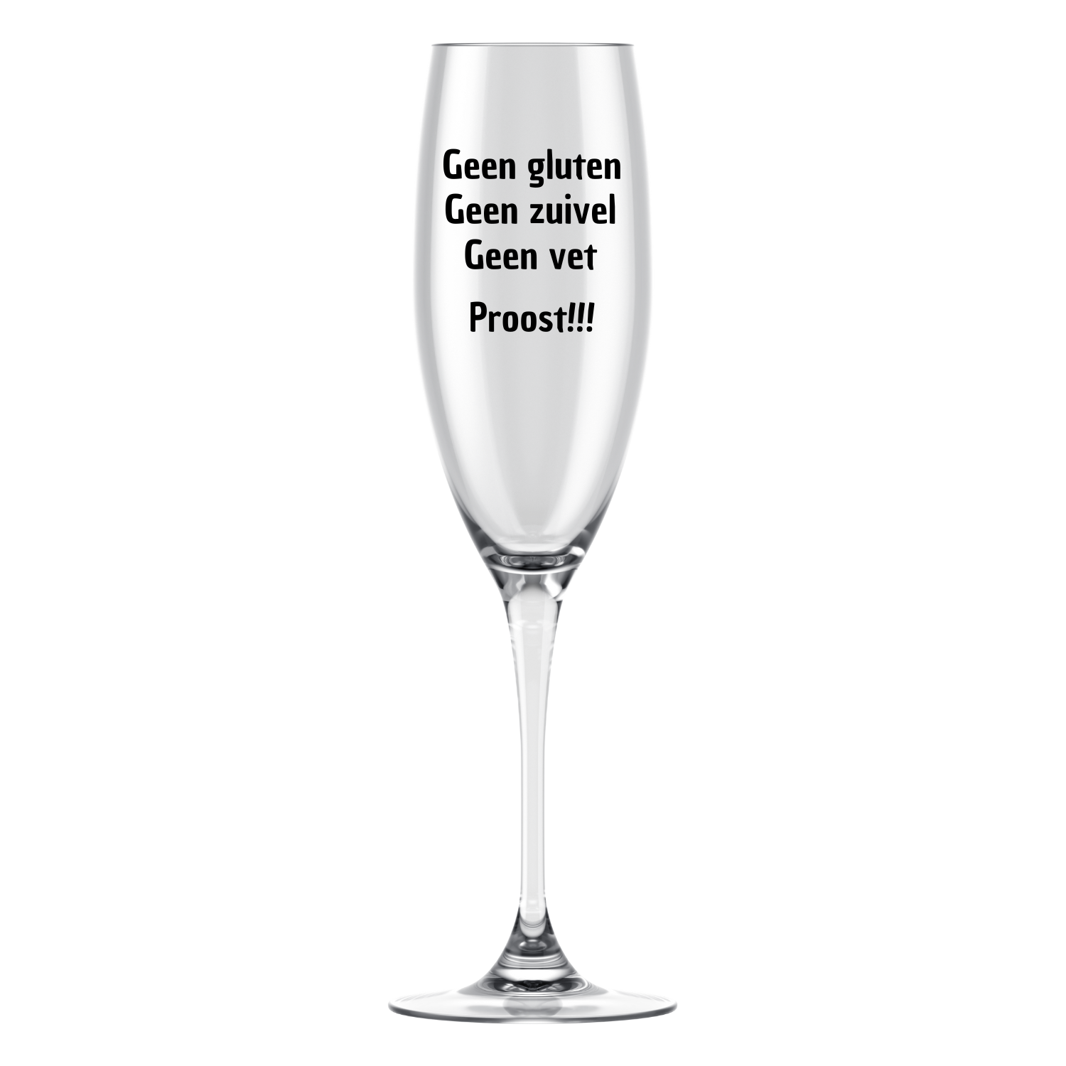 “Champagneglas met quote "Geen gluten, geen zuivel, geen vet, proost! – origineel en humoristisch cadeau”
