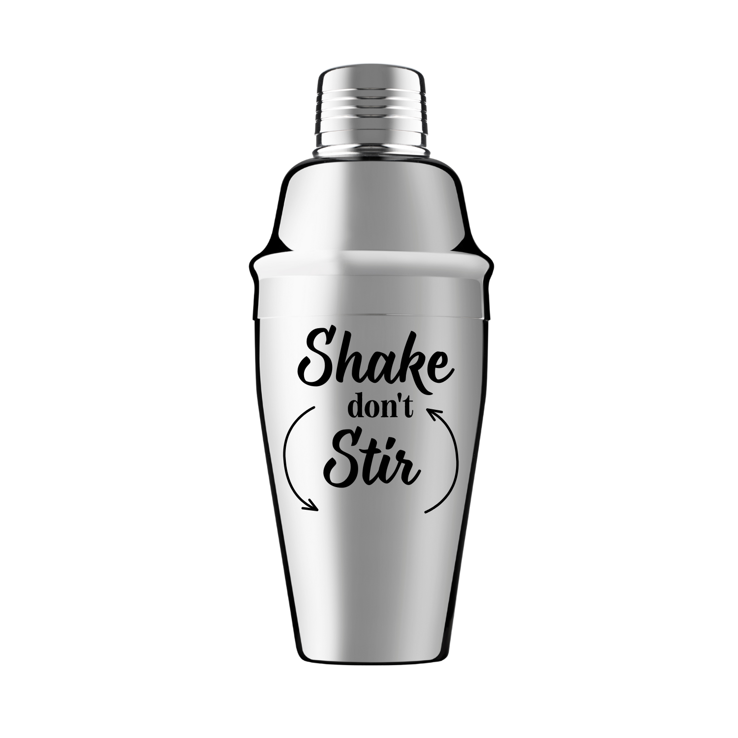 Zilveren coctailshaker met grappige tekst "Shake don't stir" Handmade by J. 