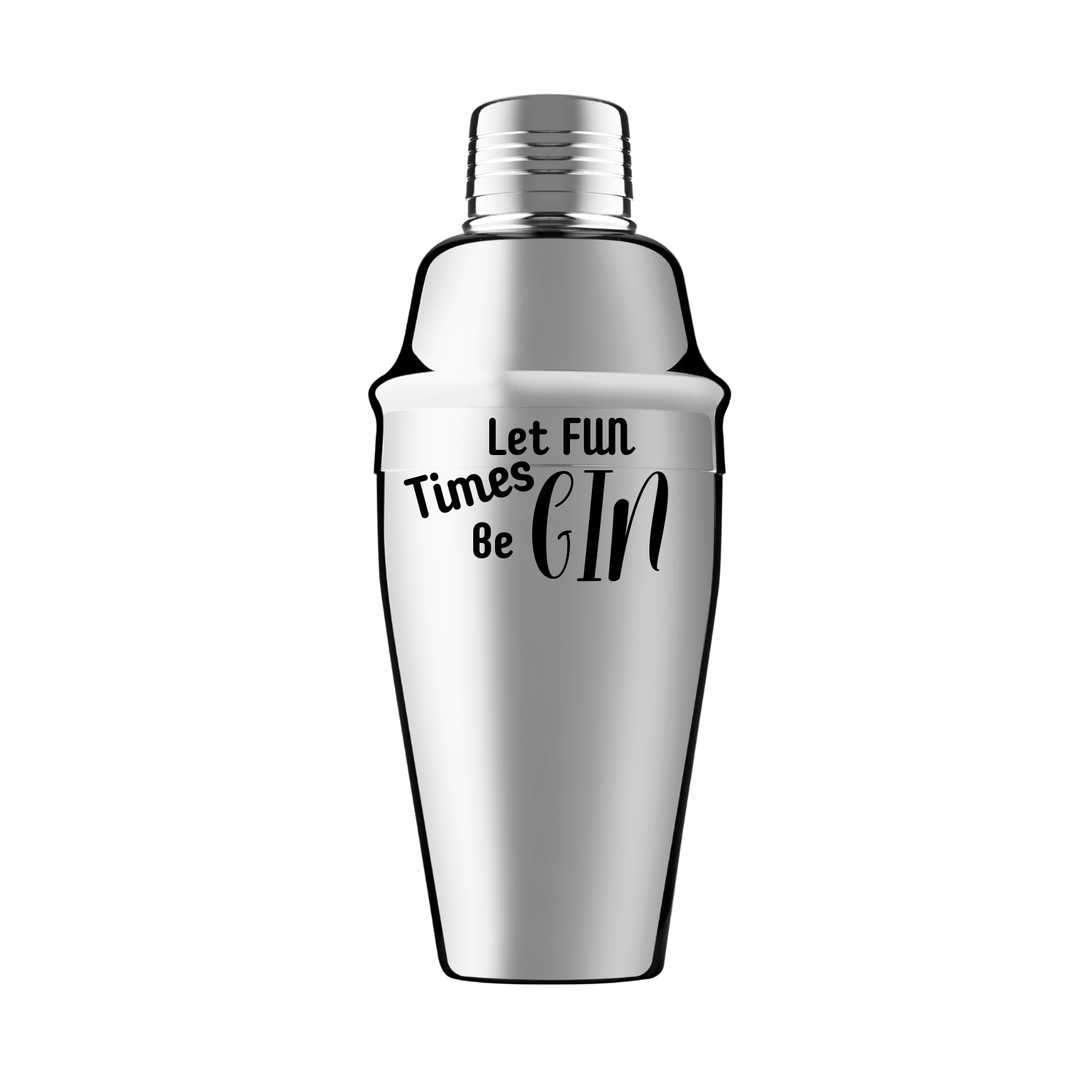 Zilveren coctailshaker met grappige tekst "Let fun times be Gin" Handmade by J. 