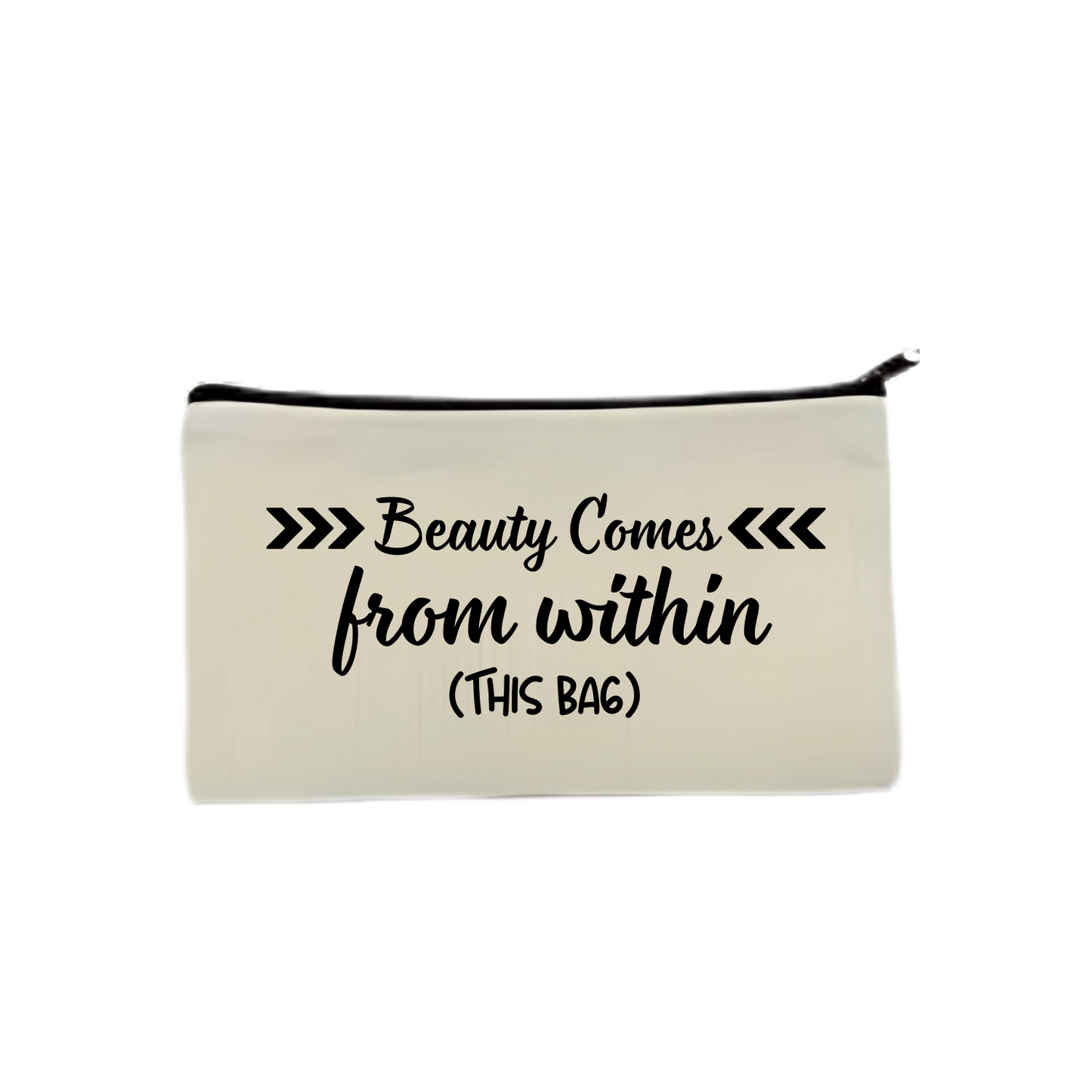 “Make-up Etui met quote ‘Beauty comes from within this bag’ – grappig cadeau”