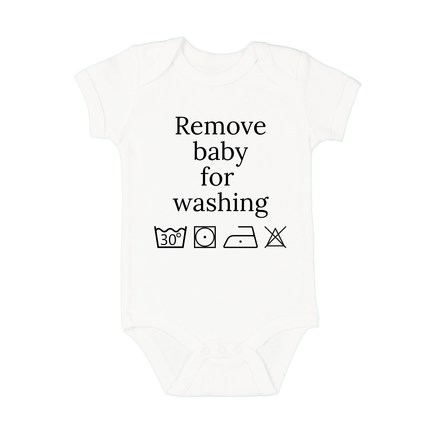 “Wit babyrompertje met tekst ‘Remove baby for washing’ – grappig kraamcadeau”