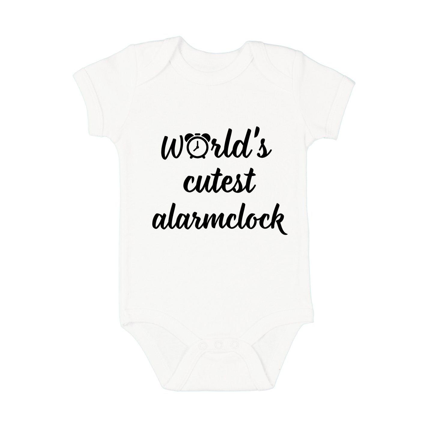 Wit babyrompertje met tekst Worlds cutest alarmclock – origineel kraamcadeau van Handmade by J.
