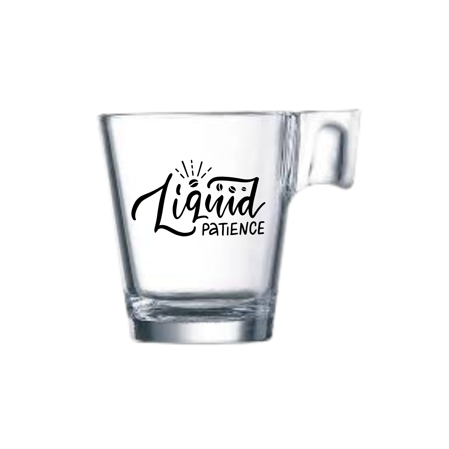 “koffieglas met grappige tekst ‘Liquid patience’ – Handmade by J”