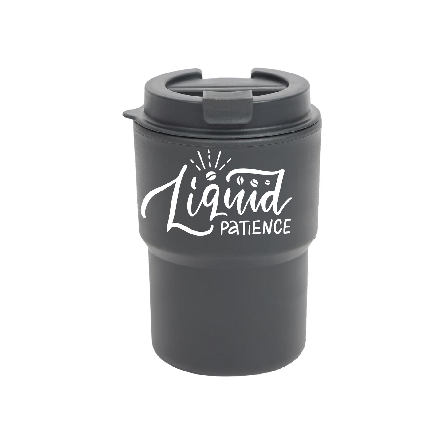 “zwarte koffie to go beker met grappige tekst ‘Liquid patience’ – Handmade by J”