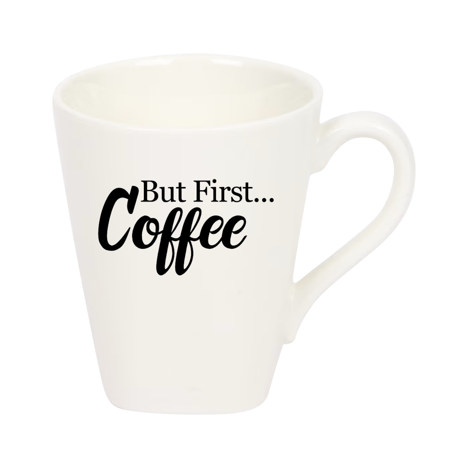 “Witte koffiemok met grappige tekst  'But first coffee’ – Handmade by J.