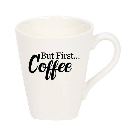 “Witte koffiemok met grappige tekst  'But first coffee’ – Handmade by J.