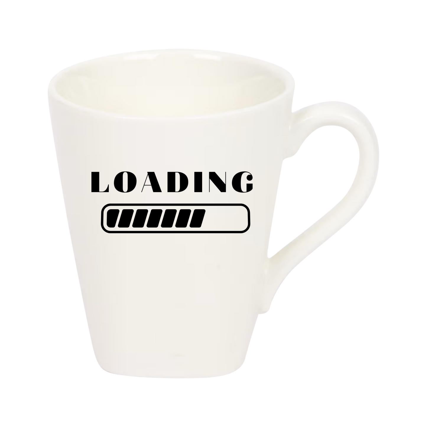 “Witte koffiemok met grappige tekst ‘Loading’ – Handmade by J”