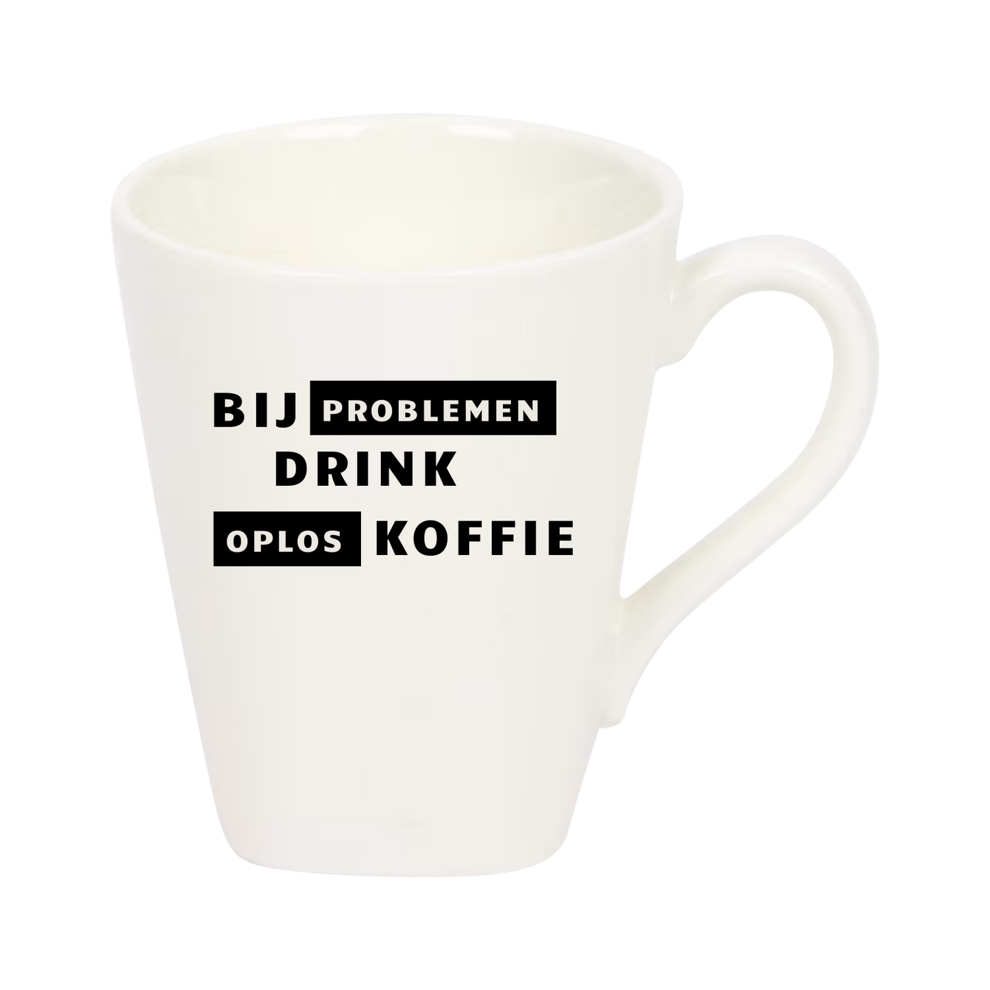“Witte koffiemok met grappige tekst ‘Bij problemen drink oplos koffie’ – Handmade by J”