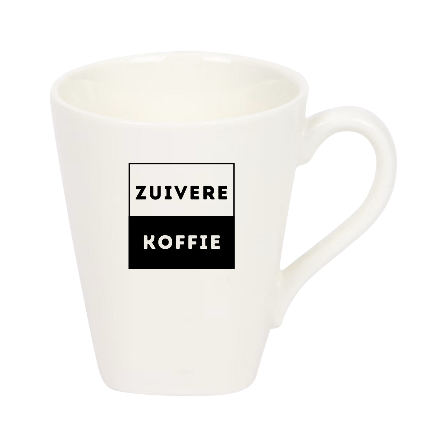 “Witte koffiemok met grappige tekst ‘Zuivere koffie’ – Handmade by J”