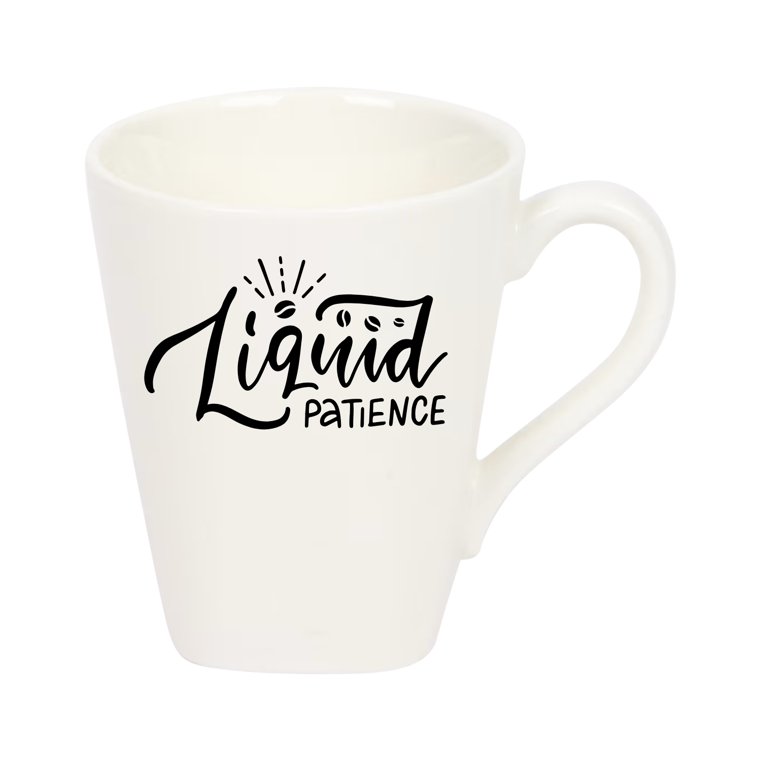 “Witte koffiemok met grappige tekst ‘Liquid patience’ – Handmade by J”