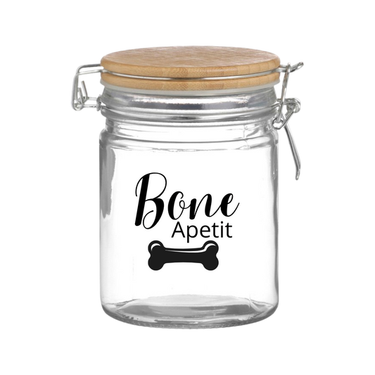 “Hondenkoekjespot met tekst ‘Bone Appétit’ – gepersonaliseerd cadeau voor hondenbaasjes” 