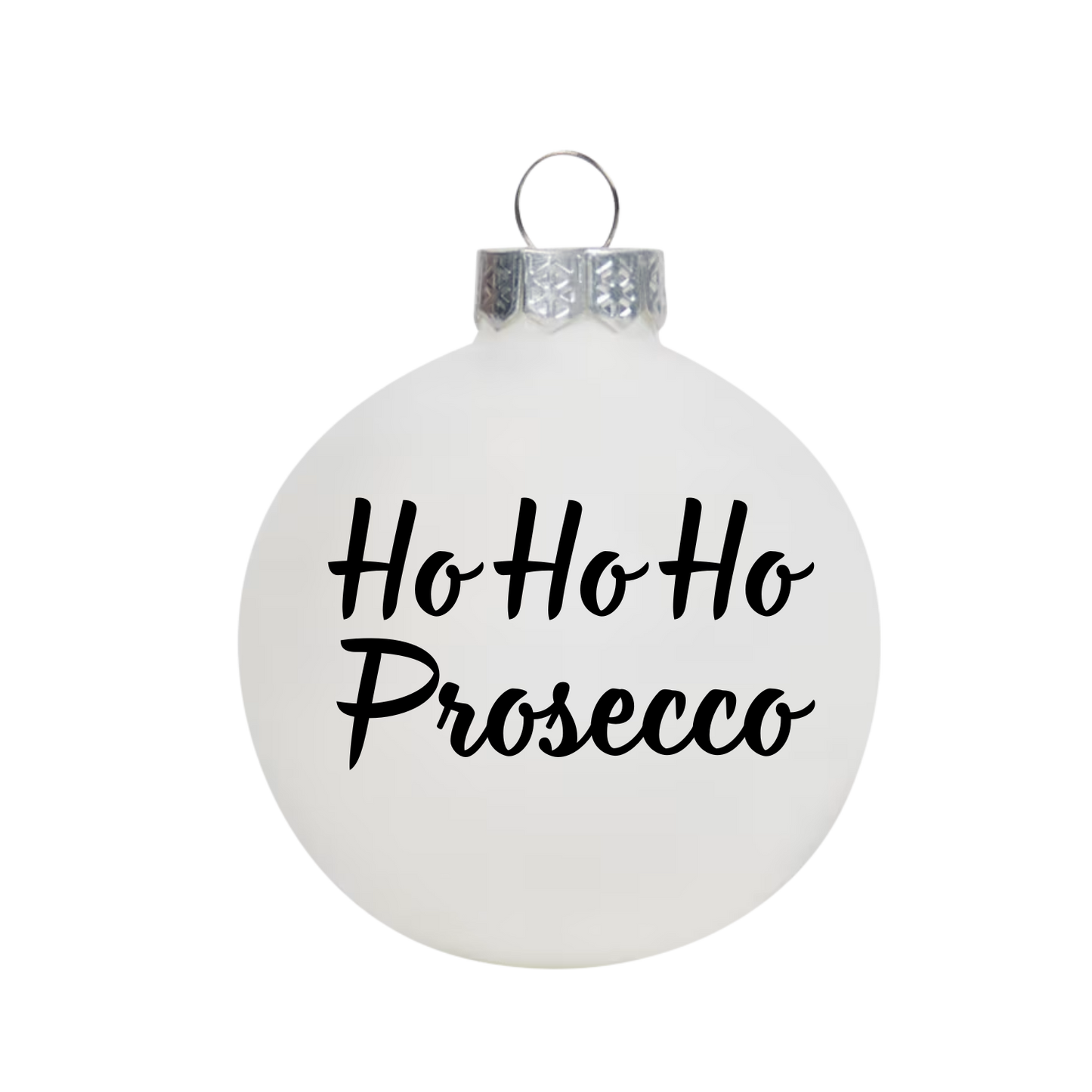 Witte kerstbal met tekst ho ho prosecco als grappig kerstcadeau voor wijnliefhebbers