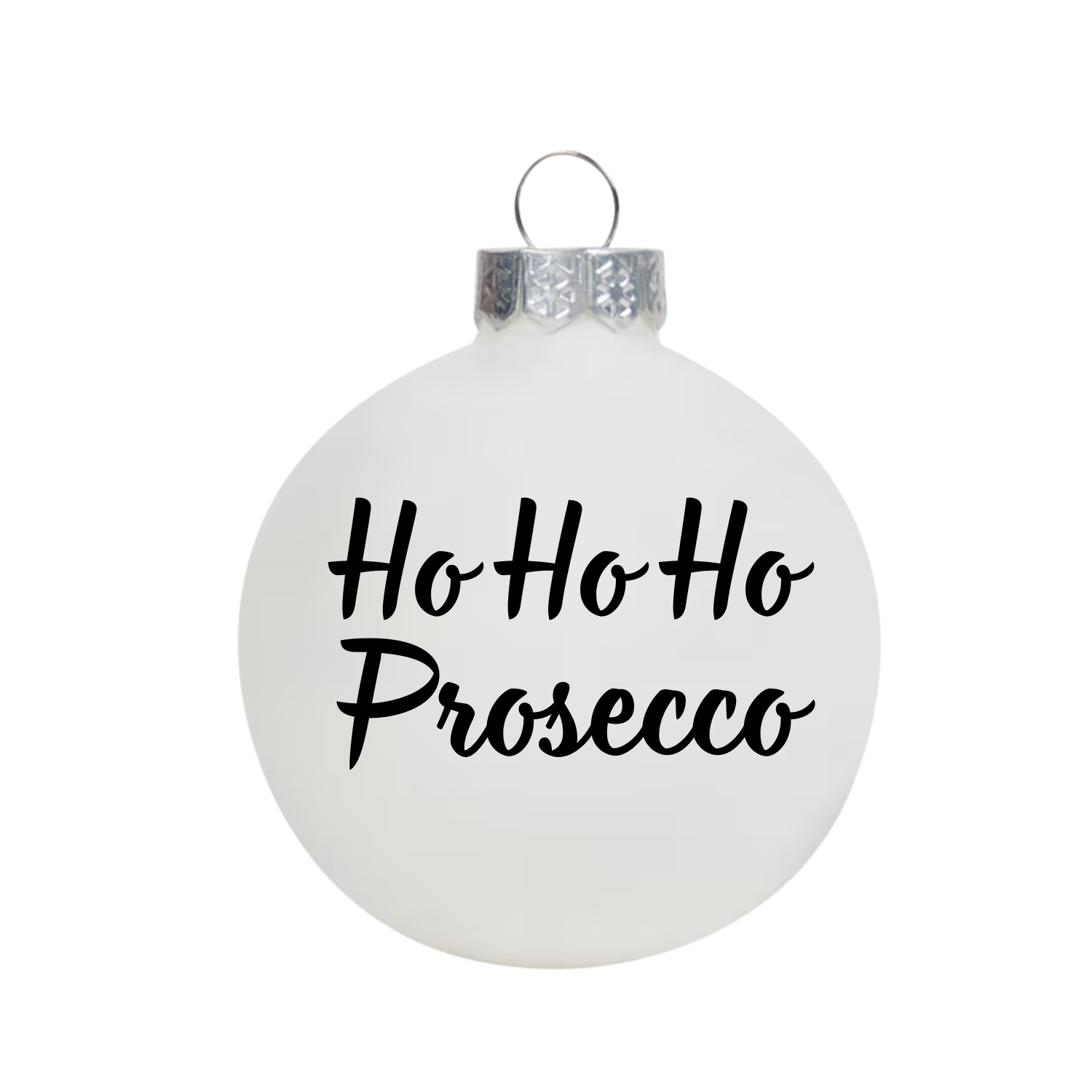 Witte kerstbal met tekst ho ho prosecco als grappig kerstcadeau voor wijnliefhebbers