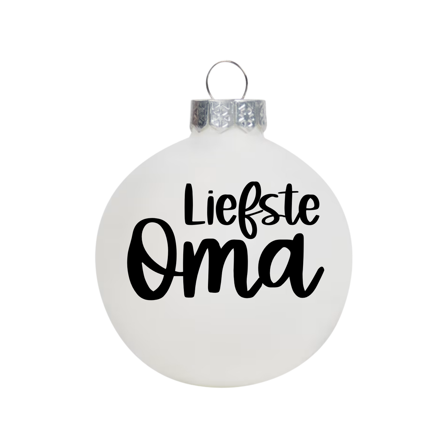 Witte kerstbal met zwarte tekst liefste oma als gepersonaliseerd kerstcadeau