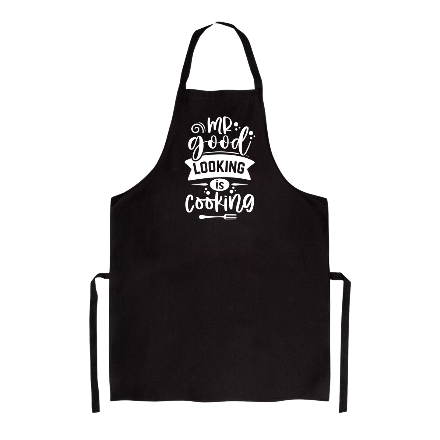Zwart of blauw luxe kookschort met de tekst Mr good kooking is cooking van Handmade by J.