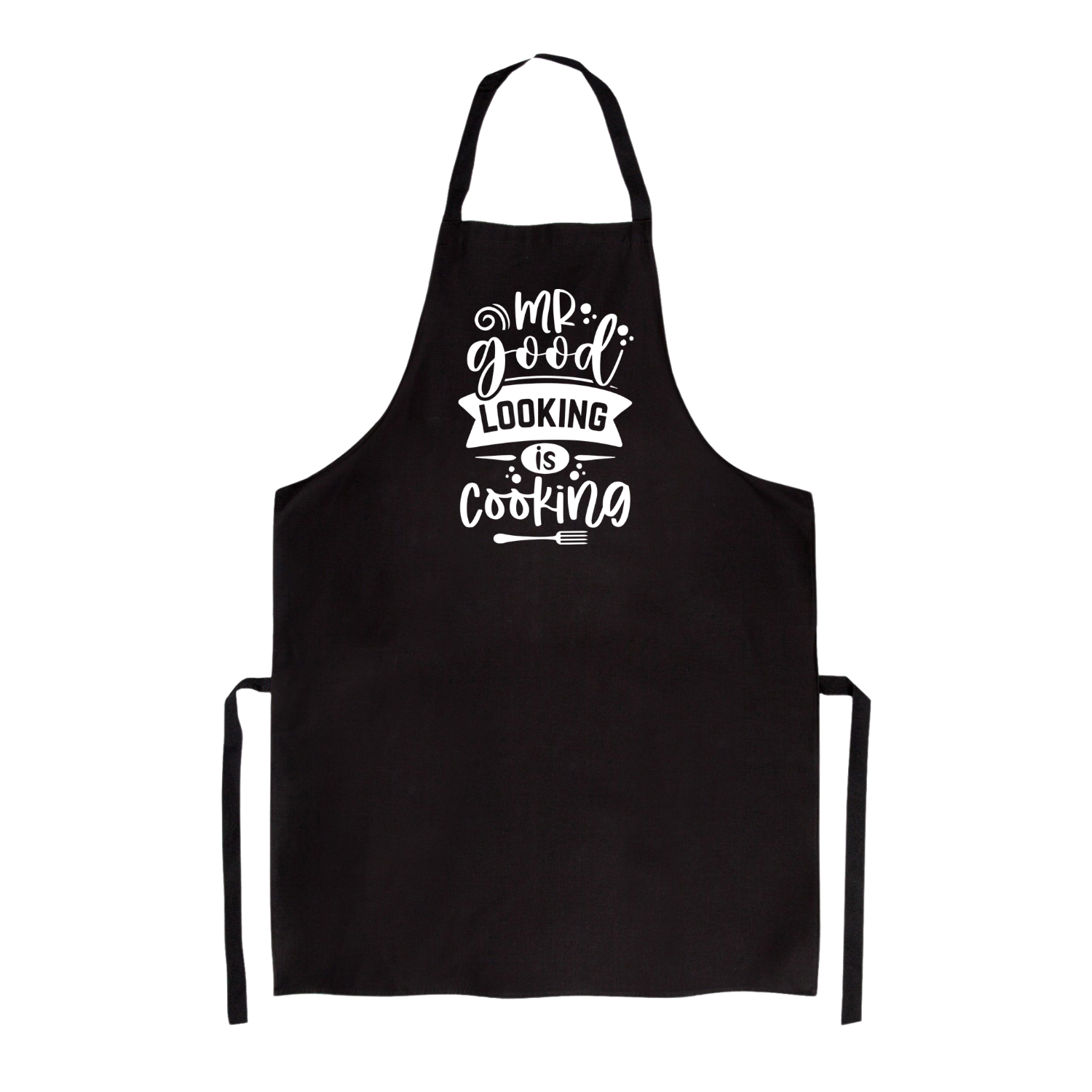 Zwart of blauw luxe kookschort met de tekst Mr good kooking is cooking van Handmade by J.