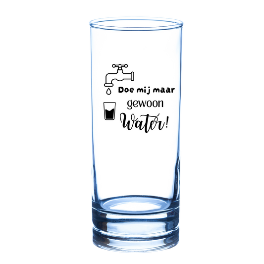 “Longdrinkglas met quote ‘Doe mij maar gewoon water’ – humorvol cadeau” 
